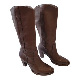Michael Kors Riding Boots Sz 8M Brown Leather Mid-Caf Made in Brazil Block Heel